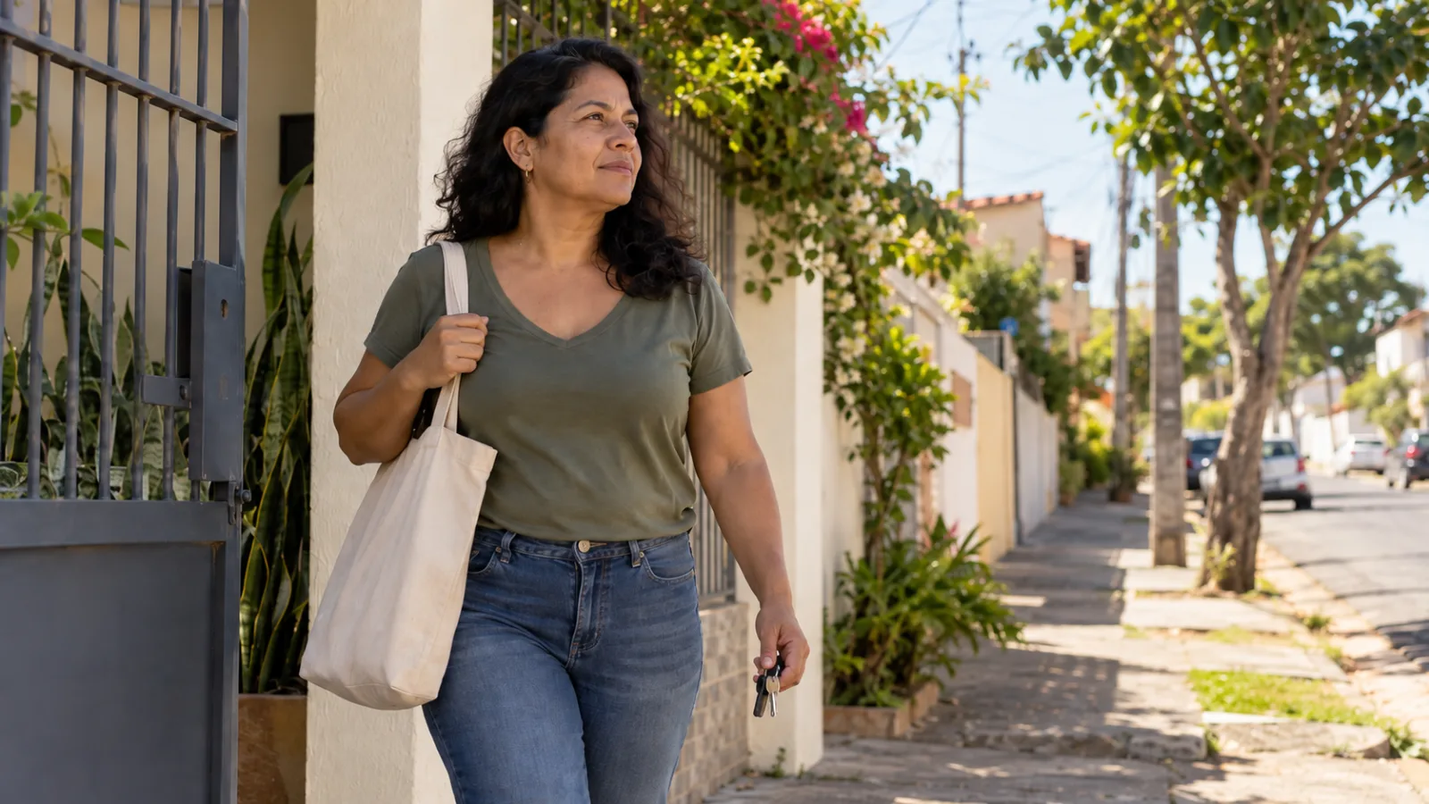 Mulher saindo de casa para caminhar em uma rua residencial
